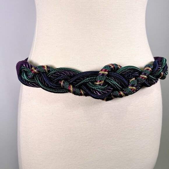 Vintage 80s Braided Rope Waist Belt Woven Purple Gold Metallic Cord Retro Boho - Picture 3 of 8